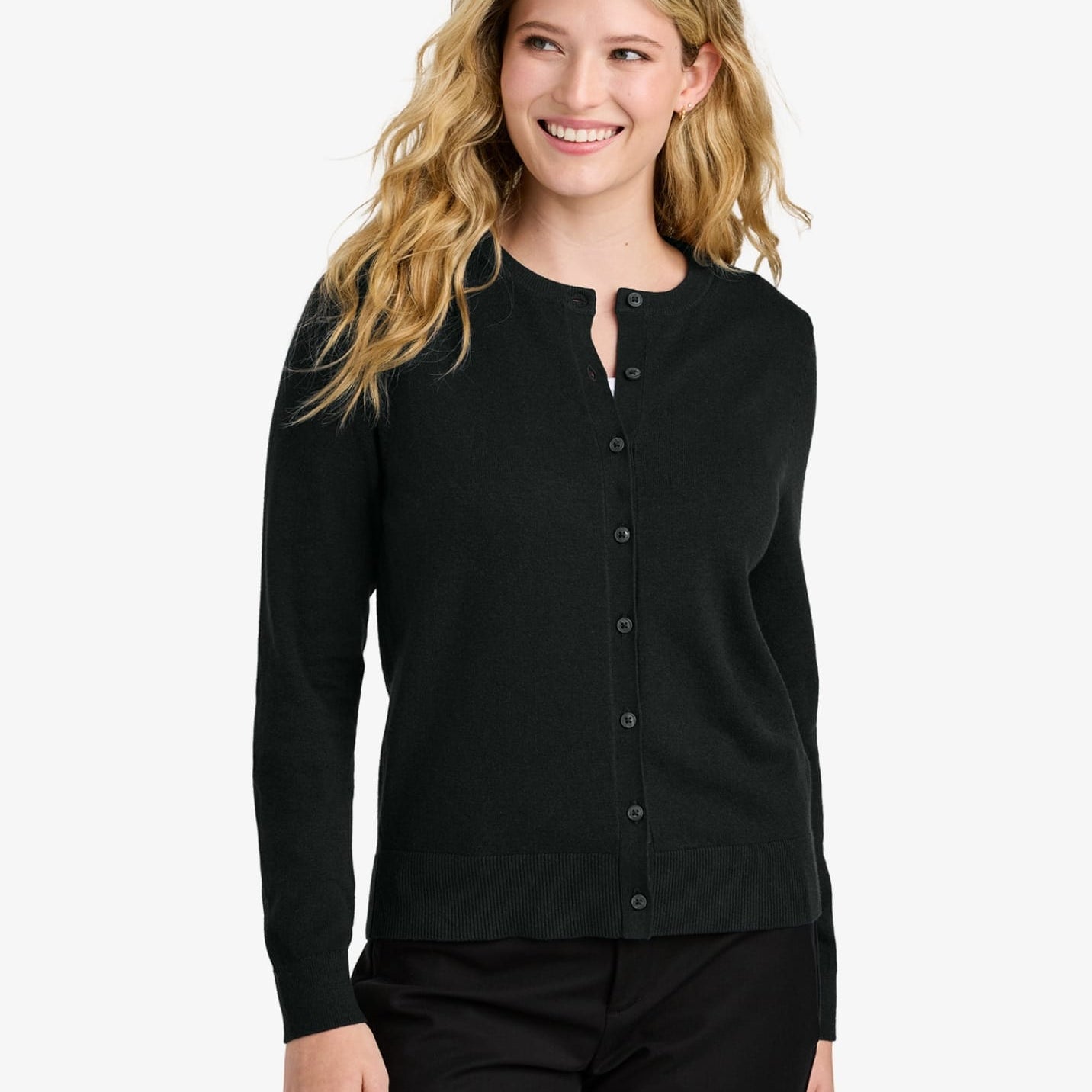 Ladies’ Easy Care Crewneck Cardigan Sweater