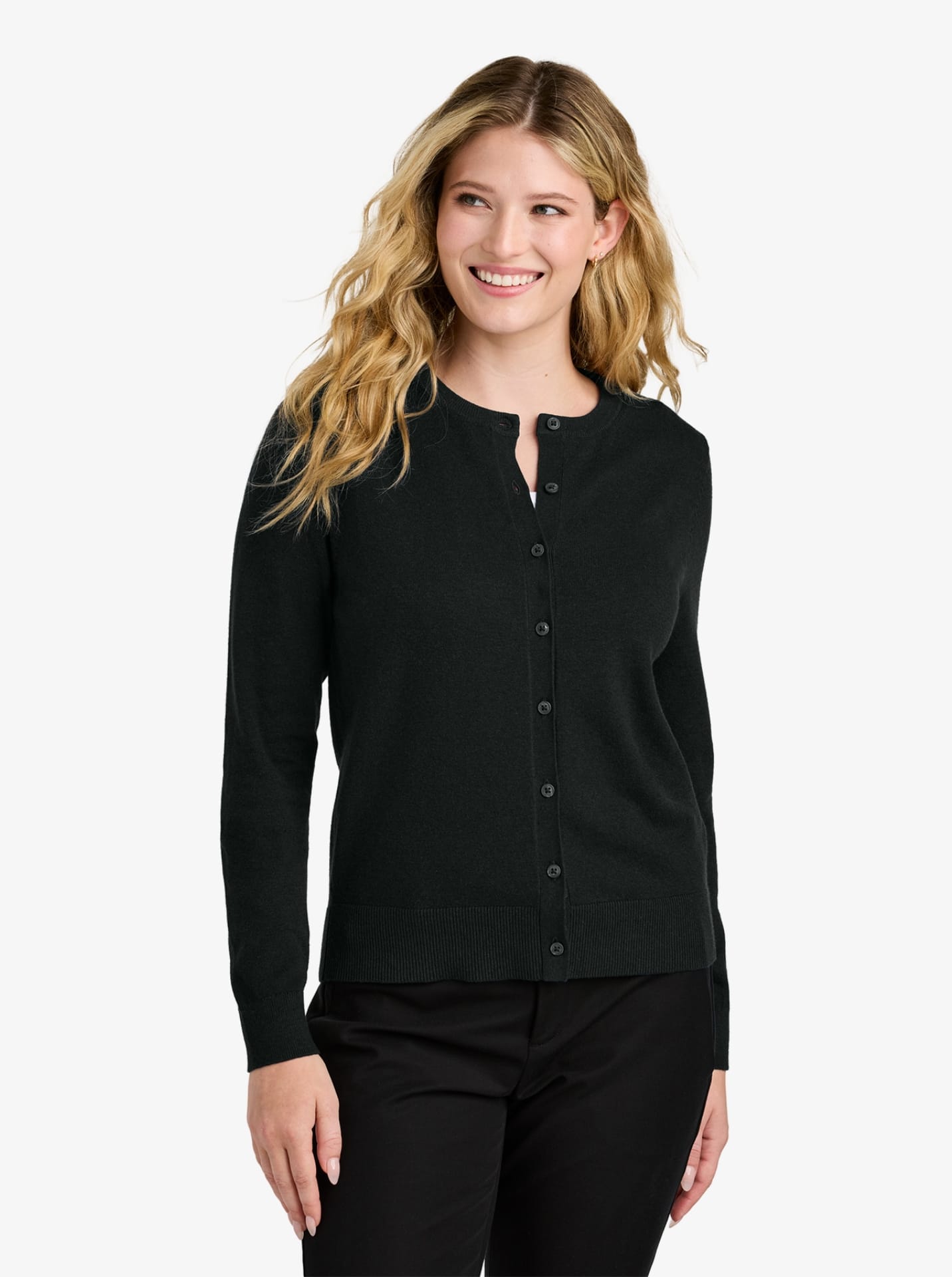 Ladies’ Easy Care Crewneck Cardigan Sweater