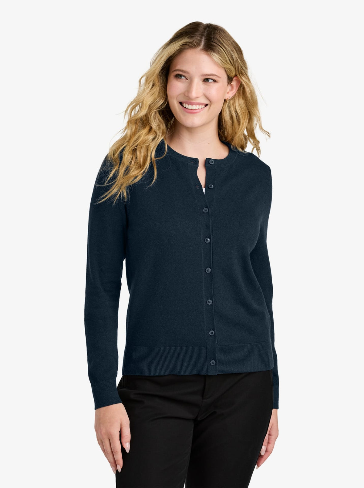 Ladies’ Easy Care Crewneck Cardigan Sweater
